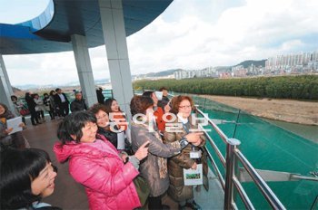 일본 관광객들이 태화강 전망대에서 태화강과 대숲을 보며 환하게 웃고 있다. 60대 주부가 대부분인 일본인 59명은 12일까지 4박 5일간 울산투어를 했다. 정재락 기자 raks@donga.com