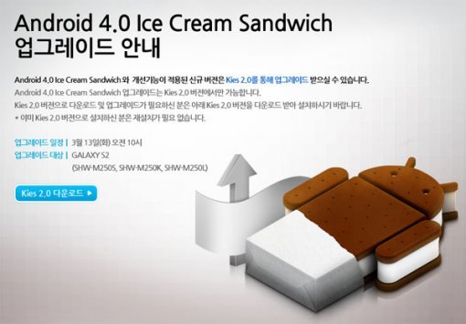 출처= 삼성 갤럭시S2 ‘아이스크림샌드위치’ 업그레이드 안내 페이지