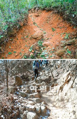 탐방객 발길에 눌려 흙이 쓸려 내려가 훼손된 지리산 모습(위)과 곳곳이 파헤쳐지고 주변 나무들도 뿌리가 앙상하게 드러난 북한산 훼손 현장. 환경부·국립공원관리공단 제공