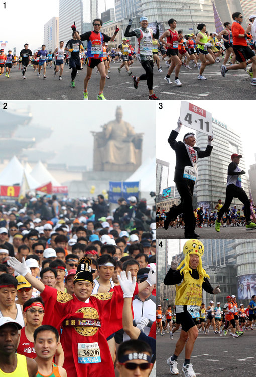 1. 18일 열린 2012 서울국제마라톤 겸 제83회 동아마라톤에 참가한 선수들이 광화문광장에서 힘찬 발걸음을 떼고 있다. 2. ‘짐이 참여했노라!’ 인기리에 종영된 MBC ‘해를 품은 달’의 왕 이훤 복장을 한 참가자가 취재진을 향해 포즈를 취하고 있다. 3. ‘4.11 총선에 참여해주세요.’ 한 참가자가 4.11 제19대 국회위원 선거 참여를 독려하는 피켓을 들고 뛰고 있다. 4. ‘살신성인 가게 홍보.’ 기발한 복장의 참가자는 여기저기서 목격됐다. 한 참가자는 자신이 운영하는 가게를 홍보하기 위해 쭈꾸미 복장을 하고 V자를 그리고 있다. 특별취재팀