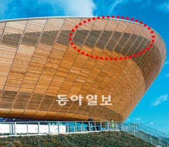 올림픽 공원 안에 있는 경륜장의 지붕. 타원형 지붕의 위아래에 구멍(점선)을 뚫어 ‘바람길’을 만들었다. 런던올림픽조직위원회 제공