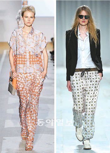 2012년 봄여름 컬렉션에서 편안한 파자마 패션을 선보인 다이앤 본 퍼스텐버그(왼쪽)와 포멀한 재킷에 파자마 스타일 팬츠를 매치한 폴 스미스. PFIN제공