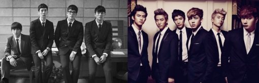 그룹 2AM(왼쪽)과 2PM(오른쪽). 사진 제공｜JYP엔터테이먼트