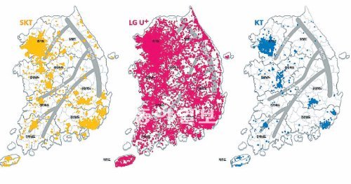 누리꾼이 직접 스마트폰으로 측정해가며 통신사별 전국 LTE 접속 가능 지역을 표시한 ‘LTE 대동여지도’. 세티즌 제공