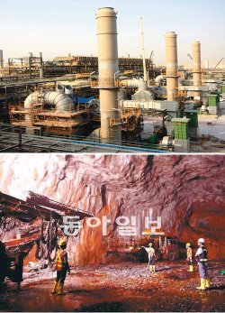 현대건설이 아랍에미리트(UAE) 수도 아부다비 남서쪽 140km 지점에 위치한 사막 한복판에 짓고 있는 합산 가스 플랜트 건설현장(위)과 싱가포르 주롱지구의 바다 밑 지하 130m 지점에 조성 중인 주롱 유류 비축기지 현장. 현대건설 제공