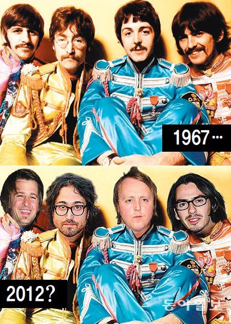 비틀스 전성기인 1967년 촬영한 멤버 4명의 사진(위)에 아들들의 얼굴을 합성했다. 비틀스 멤버는 왼쪽부터 링고 스타(하모니 보컬, 드럼) 존 레넌(보컬, 기타) 폴 매카트니(보컬, 베이스) 조지 해리슨(하모니 보컬, 기타). 아들들은 왼쪽부터 제이슨 스타키(드럼) 숀 레넌(보컬, 기타) 제임스 매카트니(보컬, 기타) 다니 해리슨(보컬, 기타)으로 아버지들과 비슷한 밴드 구성이 될 가능성이 크다. 사진 출처 데일리메일