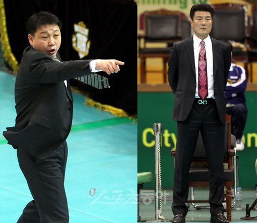 5일 저녁 수원 실내체육관에서 열린 프로배구 2011-2012 V리그 현대건설과 KGC인삼공사의 챔피언결정전 4차전 여자경기에서 현대건설 황현주 감독(왼쪽)이 비디오 판독을 요청하고 있다. 박삼용 감독(오른쪽). 수원ㅣ박화용 기자 inphoto@donga.com 트위터 @seven7sola