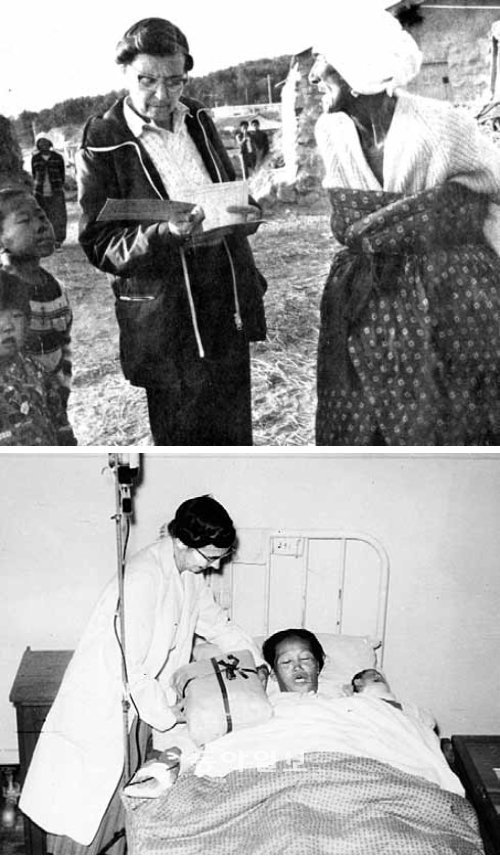 매혜란 여사는 미혼이었지만 한국 산모들의 친정엄마나 마찬가지였다. 매혜란 여사는 1950년대부터 집집마다 찾아다니며 산모들의 건강을 돌봤다(위). 일신기독병원에서 1만 번째 아기가 태어난 것을 기념하며 찍은 사진. 노지현 기자 isityou@donga.com