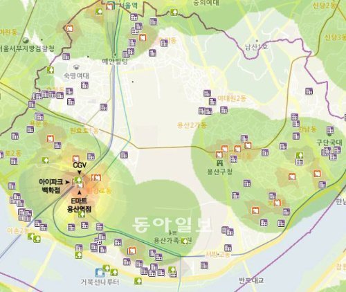 서울 용산구에서 통화량 데이터를 기초로 해 인구가 몰리는 지역을 표시한 지도. 용산
구에서는 이마트 용산역점, 아이파크백화점, 영화관 CGV에 가장 많은 사람이 있었다.
선도소프트 제공