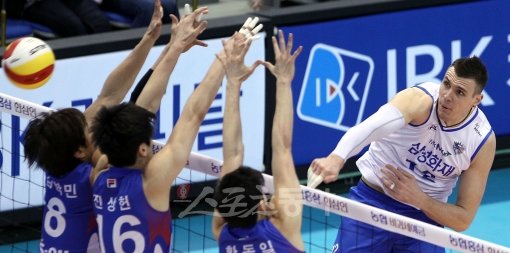 챔피언결정전 2연승을 거둔 삼성화재는 3차전을 앞두고 강훈련을 거듭했고, 코너에 몰린 대한항공은 체력 안배에 총력을 기울이고 있다. 대전에서 열린 2차전 모습. 스포츠동아DB