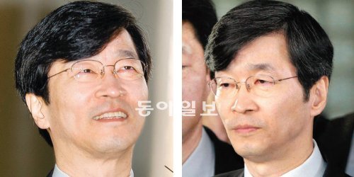 웃으며 들어갔다… 굳어서 나왔다 곽노현 서울시교육감이 17일 항소심 선고공판이 열린 서울 서초구 서울고등법원으로 들어서면서 “무죄를 확신한다”며 환하게 웃다가(왼쪽 사진) 징역 1년의 실형을 선고받은 뒤에는 굳은 표정으로 법원을 나서고 있다. 최혁중 기자 sajinman@donga.com·뉴스1