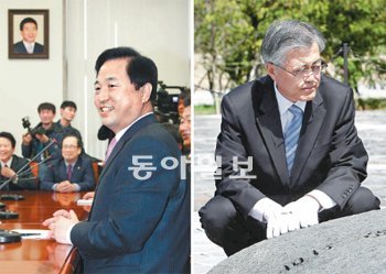 막 오르는 야권 대선 레이스 김두관 경남도지사와 문재인 민주통합당 상임고문이 대선 행보에 속도를 내고 있다. 사진은 2월 16일 국회 민주당 당대표실에서 열린 민주당 입당 행사에 참석한 김 지사(왼쪽)와 4·11총선에서 당선된 다음 날 노무현 전 대통령 묘소를 참배하는 문 고문(오른쪽). 변영욱 기자 cut@donga.com·전영한 기자 scoopjyh@donga.com