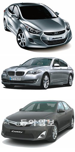 현대자동차 ‘아반떼’, BMW ‘5시리즈’, 도요타 ‘캠리’(위부터)