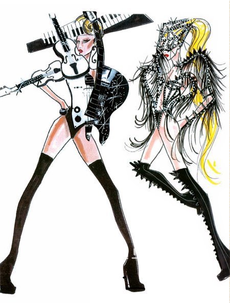 27일 서울 잠실종합운동장에서 열리는 팝스타 레이디 가가의 콘서트 의상이 일부 공개됐다. 가가는 피아노 건반 모양의 머리장식과 크리스털 및 망사 소재로 만든 의상(오른쪽)등을 선보일 계획이다. 신세계인터내셔날 제공