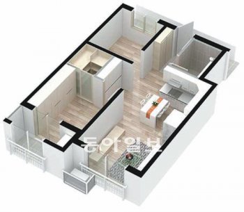 한국토지주택공사(LH)가 개발한 임대주택용 전용면적 46㎡형의 입체투시도. 소형이지만 넓게 쓸 수 있도록 욕실과 주방, 거실의 공간 효율성을 높였다. LH 제공