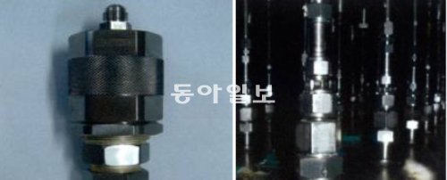 원자로 출력을 측정하는 원자로 중성자 검출기를 밀봉하는 중요 부품인 ‘실링 유닛’(왼쪽). 원자로의 출력은 원자로 안에 단위 면적당 중성자가 몇 개인지를 세어 확인한다. 중성자는 투과력이 좋기 때문에 이 숫자를 정확하게 측정하려면 들어온 중성자가 바깥으로 빠져나가지 않도록 밀봉해야 하는 것이다. 오른쪽은 실링 유닛이 원자로 중성자 검출기를 밀봉한 모습. 원자력안전위원회 제공