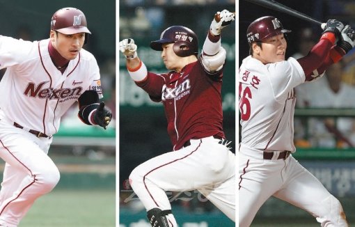 3번타자 이택근(왼쪽)이 찬스를 만들면 4번타자 박병호(가운데)가 결정적 한방을 날린다. 5번타자 강정호(오른쪽)는 홈런 1위답게 절정의 타격감으로 청소를 한다. 이들 클린업트리오는 넥센의 4월 돌풍을 이끌었다. 스포츠동아DB