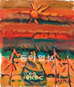 윤중식 화백이 96세의 나이에 완성한 ‘가을’(2009년 작). 그의 풍경화에선 향토적 서정성과 강렬한 색채감각, 수평적 면 분할과 수직의 이미지가 조화를 이룬다. 성북구립미술관 제공