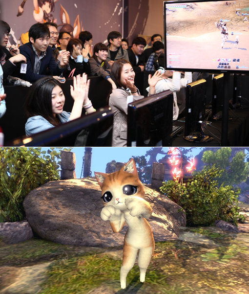 남성의 전유물처럼 여겨져 온 MMORPG를 즐기는 여성이 늘면서 여성 게이머를 위한 맞춤형 서비스가 속속 등장하고 있다. 엔씨소프트는 4월 21일 서울 청담동 ‘비욘드 뮤지엄’에서 여성들이 좋아하는 파티 스타일의 ‘블레이드&소울’ 고객행사(위쪽 사진)를 개최했다. 아래쪽 사진은 여성 유저를 겨냥해 새롭게 만들어 이날 공개한 캐릭터 ‘소환수’. 사진제공｜엔씨소프트