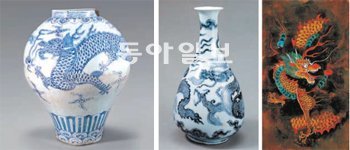 왼쪽부터 청화백자 운룡문호, 청화백자 운룡문병, 운룡도