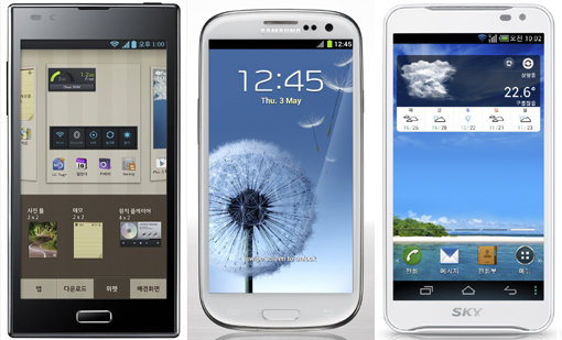 최근 공개된 국내 제조사 스마트폰 신제품으로 왼쪽부터 ‘옵티머스 LTE2’와 ‘갤럭시S3’, ‘베가레이서2’. 사진제공｜LG전자·삼성전자·팬택
