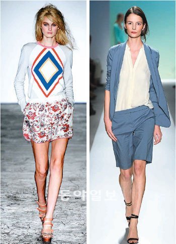 세련된 ‘쇼츠’로 이번 여름을 시원하게 나보는 건 어떨까. 왼쪽 사진은 2012년 봄·여름 컬렉션에서 클레멘츠 리베이로가 선보인 화려한 프린트의 팬츠. 오른쪽은 티비(TIBI)가 선보인 심플한 쇼츠. PFIN 제공