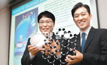 삼성전자 종합기술원의 박성준 전문연구원(오른쪽)과 정현종 전문연구원이 그래핀 구조
모형과 웨이퍼를 들고 활짝 웃고 있다. 삼성전자 제공