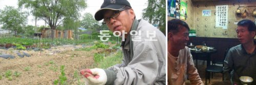 16일 경기 고양시 장항동 텃밭에서 작물을 돌보는 ‘1980년대 노동문학의 대표작가’ 정화진(왼쪽 사진). 1990년대 초반 홀연
 문학판을 떠났던 그가 ‘도시 농부’로 돌아와 20년 만에 작품활동을 재개했다. 1980년대 노동문학을 함께했던 다섯 살 아래 
후배 김한수(오른쪽 사진 왼쪽)는 이제 그의 20년 지기가 됐다. 고양=황인찬 기자 hic@donga.com
