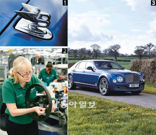 ①벤틀리의 마스코트인 ‘플라잉B’. ②벤틀리 크루공장에서 이 일만 수십년 해온 장인이 바늘과 실로 한땀 한땀 가죽을 꿰메고 있다. ③난트위치에서 웨일즈로 들어선 뒤 10여분만에 도착한 엘스미어 호반마을 부근의 전원에 선 벤틀리의 대표모델 ‘뮬산’. 뮬산은 벤틀리가 여섯차례 우승한 르망24시간 레이스트랙에서 어렵기로 소문난 코너의 이름이다. 벤틀리모터스 제공