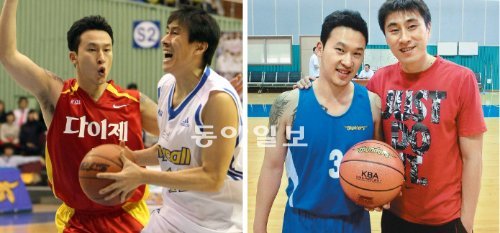 프로농구 삼성에서 코치와 선수로 한솥밥을 먹고 있는 이상민(오른쪽 사진 오른쪽)과 김승현. 이들은 지난 시즌 최하위였던 삼성의 부활을 다짐하고 있다. 왼쪽 사진은 현역 시절 불꽃 튀는 대결을 펼치고 있는 이상민(오른쪽)과 김승현. 삼성 제공