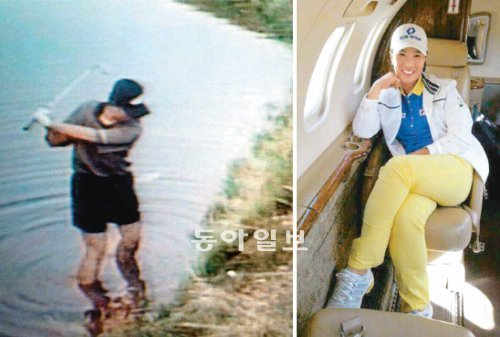 1998년 US여자오픈 연장전 18번홀에서 두 발을 연못에 담근 채 샷을 하는 박세리(왼쪽 사진). 올해 US오픈은 14년 만에 박세리가 맨발 투혼을 선보인 바로 그 블랙울프런 골프장에서 다시 열린다. 이를 기념하기 위해 23일 미디어데이에 초청받은 박세리는 골프장이 제공한 전용기를 타고 참석했다. 동아일보DB·세마 제공