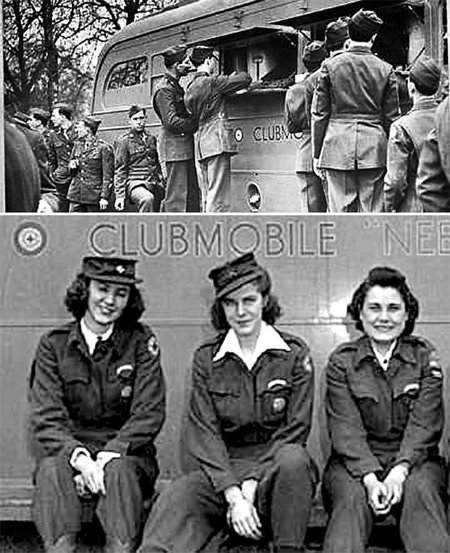 1943년 3월 영국 런던에서 도넛을 받기 위해 이동클럽차량 앞에 줄을 선 미군들. 아래 이동클럽차량에 함께 탔던 미 적십자사 여성자원봉사자 샬럿 콜번(왼쪽), 메리앤 셸러바거(가운데), 엘마 언스트 씨가 1944년 영국 레스터에서 찍은 사진. 사진 출처 미국의회도서관