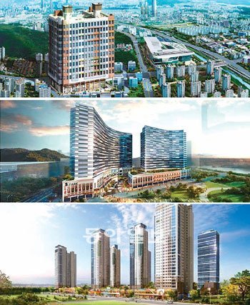 (위에서부터 차례대로)서울 강남보금자리지구 ‘유탑유블레스’,경기 광교신도시 ‘GS오피스텔’,인천 연수구 송도지구 ‘글로벌캠퍼스 푸르지오’ .유탑엔지니어링·GS건설·대우건설 제공.