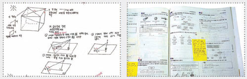 김태호 군의 수학개념노트(왼쪽)와 포스트잇을 활용해 공부한 과학문제집(오른쪽).