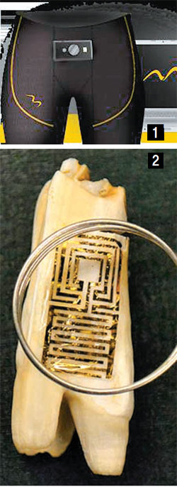 뉴욕타임스매거진은 3일 몇 년 내에 상용화할 기술 32가지를 소개했다. 하체 근육을 자율 점검할 수 있는 팬츠① , 치아에 붙여 박테리아를 잡을 수 있는 센서②. 사진 출처 마이온텍, 프린스턴대