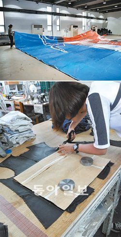 사회적 기업 리블랭크가 수거해 온 폐현수막을 분리하기 위해 펼쳐 보이는 모습(위)과 헌 옷을 재활용해 옷을 디자인하는 모습. 서울시 제공