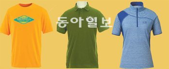 왼쪽부터 오가닉 소재로 만든 머렐의 친환경 티셔츠. 라푸마의 ‘오가닉 코튼 피케
티셔츠’. 페트병을 활용해 만든 밀레의 ‘절개배색 가슴포켓 집업 티셔츠’.