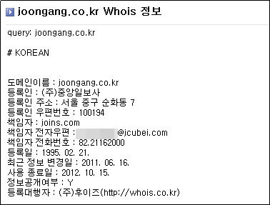 후이즈 정보에서 살펴본 joongang.co.kr의 관리자 정보.