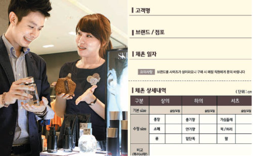 올해 5월 리뉴얼 오픈한 현대백화점 압구정본점의 남성 전용 ‘코스메틱바’(왼쪽)와 롯
데백화점이 선보인 남성 정장 및 셔츠 체형 기록 카드. 각 업체 제공