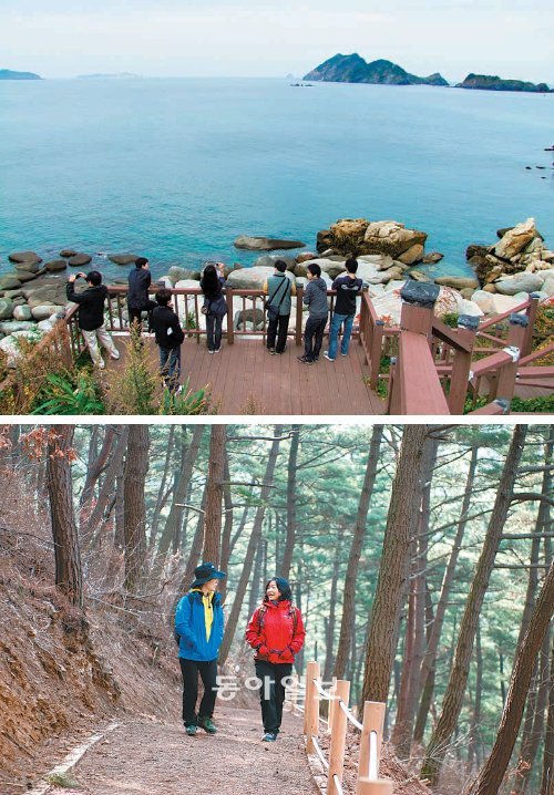 외연도 당산에서 큰명금을 거쳐 노알배에 이르는 2km 구간의 명소에는 전망대가 설치
돼 있다(위). 삽시도 너머해수욕장에서 밤섬해수욕장까지 이어지는 2km 구간에 탐방로가 설치돼 있다. 보령시 제공