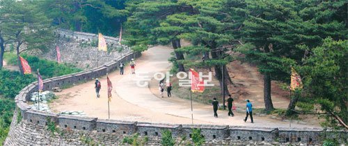 남한산성 성곽을 따라 한가롭게 오가는 시민들. 소나무숲 바람소리가 우렁우렁하고, 성곽 돌담 틈새에 푸른 풀꽃들이 여기저기 돋았다.
 그 춥던 병자년(1636) 겨울, 조선 선비 정온(1569∼1641년)은 ‘하루 종일 천둥 같은 대포 소리’를 들으며 자결을 
생각했다. 그는 무력했다. ‘세상살이 기구한 일도 많구나/ 포위 속에서 한 달을 지내다니/내 한 몸이야 아까울 것 없다만/천승의 
나라가 다하였으니 어찌 할꼬/밖에는 근왕병이 끊기고/조정에는 매국노가 많도다/늙은 신하 무엇을 일삼을까/허리춤에 서슬 퍼런 칼을 
찼노라.’ 정온은 자결에 실패했다. 끝내 살아서 치욕의 현장을 봐야만 했다. 그는 분노와 수치심을 가슴에 안고 산간에 숨어 
살았다. 남한산성=최혁중 기자 sajinman@donga.com