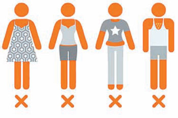 아랍에미리트에서 일어난 외국인 옷차림 교화 캠페인 ‘원 오브 어스’에서 지적하는 부적합한 옷차림 사례들. 어깨나 무릎이 드러나거나 그 사이의 살이 노출되는 옷들이다. 사진 출처 알자지라