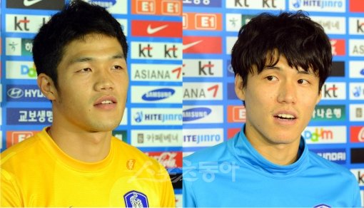 올림픽 팀 와일드카드로 뽑힌 골키퍼 정성룡(왼쪽)과 수비수 김창수가 3일 인터뷰에서 각오를 밝히고 있다. 파주｜박화용 기자 inphoto@donga.com 트위터 @seven7sola