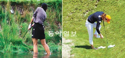 1998년 그리고 2012년 1998년 US여자오픈 연장 18번홀에서 박세리가 연못에 들어가 공을 
쳐내고 있다(왼쪽 사진). 이 대회에서 박세리가 우승하는 장면을 본 뒤 골프에 매달려 지난해 US여자오픈에서 우승한 ‘세리 키즈’
 유소연이 5월 같은 코스에서 열린 미디어데이에 참석해 물을 빼 벙커로 조성한 18번홀에서 박세리의 기운을 받겠다며 맨발 투혼을 
재현하고 있다. 이 벙커는 5일 US여자오픈 개막을 앞두고 다시 연못으로 바뀌었다. 미국골프협회 홈페이지