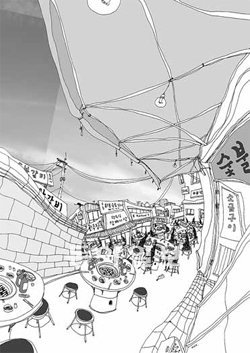 ‘그래도 나는 서울이 좋다’에 실린 건축가 오영욱 씨의 삽화. 스페인에서 찾아온 여자친구를 데려간 종로 뒷골목 식당의 풍경이다. 페이퍼스토리 제공