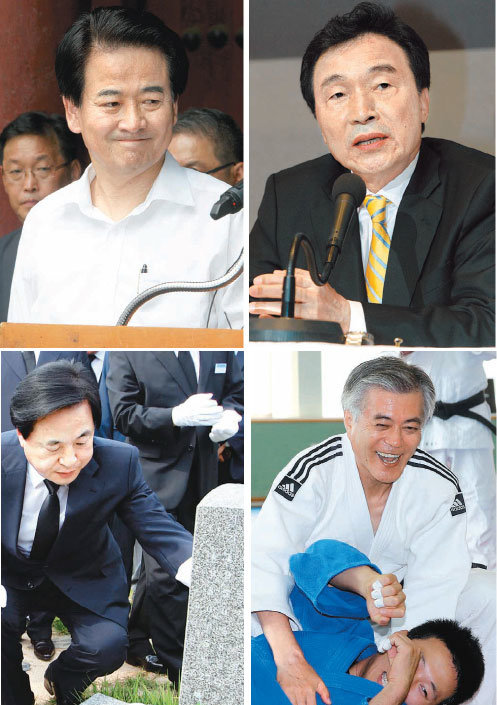 민주통합당 정동영 상임고문이 9일 서울 덕수궁 대한문 앞에서 대선 불출마를 선언하고 있다. 민주당 대선 주자인 손학규 상임고문은 이날 서울 중구 한국프레스센터에서 열린 관훈토론회에 참석했고, 문재인 상임고문은 서울 태릉선수촌을 방문해 유도 국가대표 왕기춘 선수와 시범 경기를 했다. 김두관 전 경남도지사는 광주 북구 운정동 국립5·18민주묘지를 찾아 참배했다.(왼쪽부터 시계방향) 전영한 기자 scoopjyh@donga.com·연합뉴스·광주=박영철 기자 skyblue@donga.com