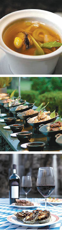 제주신라호텔 ‘더 파크뷰’의 보양식 메뉴인 ‘한라산 불로탕’과 하얏트 리젠시 제주의 흑돼지 바비큐, 롯데호텔제주의 제주산 활전복 구이(위부터). 각 사 제공