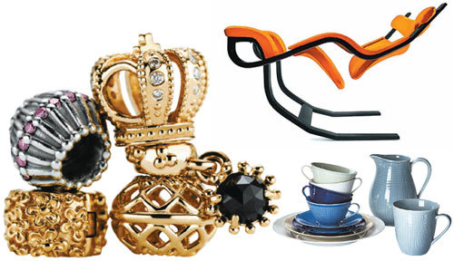 왼쪽부터 시계방향으로 덴마크 주얼리 브랜드 ‘판도라’. 노르웨이 의자 브랜드 ‘바리에르’. 스웨덴 왕실 도자기 브랜드 ‘로스트란드’ 제품. 각사
