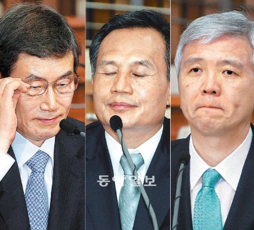 곤혹스러운 청문회 10일부터 국회에서 열리고 있는 대법관 후보자 인사청문회에서 각 후보자들이 의원들로부터 곤란한 질문을 받자 곤혹스러운 표정을 짓고 있다. 왼쪽부터 고영한(10일), 김병화(11일), 김신 후보자(12일). 김동주 기자 zoo@donga.com·전영한 기자 scoopjyh@donga.com