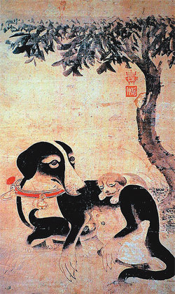 이암(1499∼？)의 ‘모견도’. 어미 개 검둥이가 새기들에게 젖을 먹이고 있다. 이암은  ‘모견도’ 외에도 강아지를 소재로 한 그림을 즐겨 그렸다.